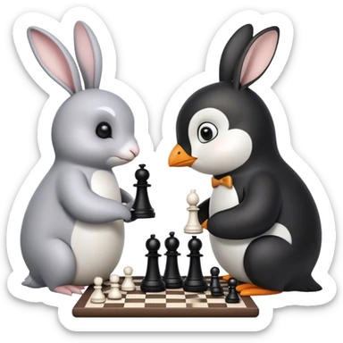 bunny and penguin playing chess sticker