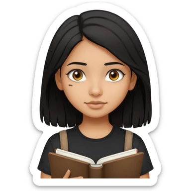 a pretty tan indian bratz girl with messy dark black hair, wearing a black tee carrying a sketchbook sticker
