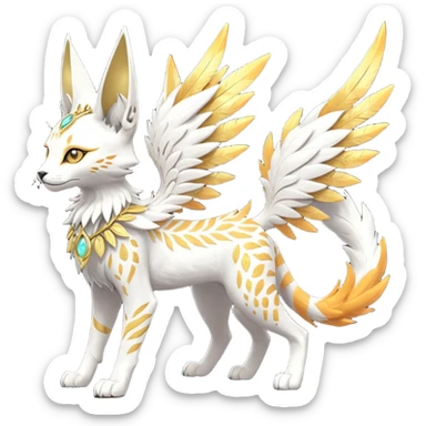 Epic complex fantasy glorious detailed futuristic divine godly angelic feathery sunny, white, albino, pastel, golden, orange glowing sparkly, realistic Fakémon-Sprigatito-Floragato-Meowscarada-Trico-Sergal-Serval-Solgaleo-Vernid-creature (full body) solarpunk, shiny sparkly with a gold laurel sticker