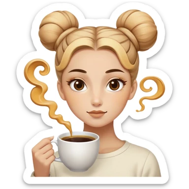 Face: Honey-beige skin (#FAD8B3) with beauty mark under left eye, arched eyebrows forming sharp "^^" shape. Hair: Double-bun hairstyle with steam swirls rising from buns mimicking coffee vapor. Extra: Holding tilted coffee cup where foam art shows 😒 face. sticker