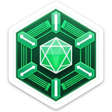 Futuristic reward points icon, diamond or hexagon shape, circuit board lines, Bloomberg terminal aesthetic, green phosphor glow on dark background, minimalist geometric, no text, fintech style, clean edges, professional icon design sticker