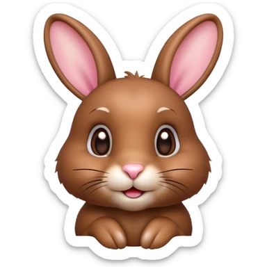 Cinematic Cute Brown Rabbit Portrait Emoji, Head tilted playfully and inquisitively, featuring a glossy, velvety brown fur with perky ears, round, sparkling brown eyes filled with curiosity, Simplified yet irresistibly adorable features, highly detailed, glowing with a warm, friendly glow, high shine, affectionate and lively, stylized with a touch of whimsy, bright and endearing, soft glowing outline, capturing the essence of a mischievous yet loving bunny, so playful it feels like it could hop out of the screen and into your arms! sticker