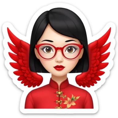 an oriental lady wearing red cheongsam, red lipstick, winged eyeliner, fair light a bit pink skin, small nose, a bit thick sensual lips, not too slim but not fat, wearing transparent glasses, black hair mid length sticker