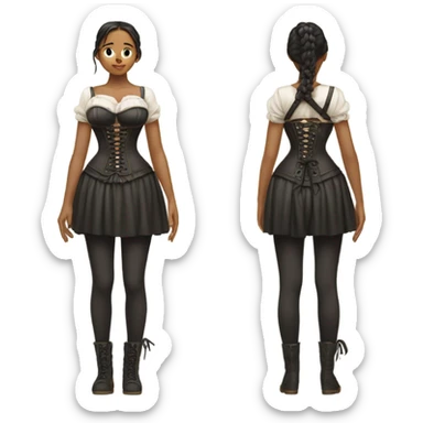 the girl stands with her back not at full height to her and an old corset is tied around her  sticker