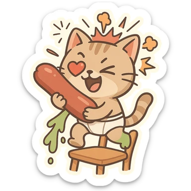 silly cat in underwear, walking on a chair, with a huge sausage, one heart eye, green vomit from its leg, head bursting with cartoon effects sticker