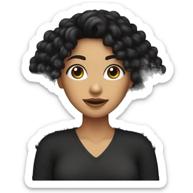 woman with long black curly hair holding one ball of yarn wearing a black shirt sticker