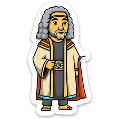 profile portrait of an Egyptian historian with long curly grey hair, wearing an Egyptian cloak, large aquiline nose sticker