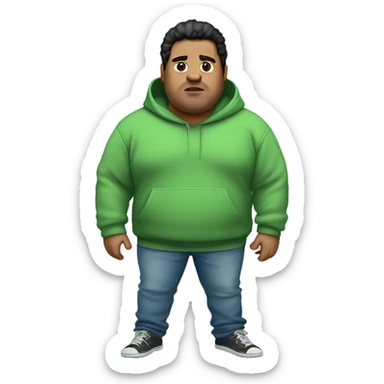 wide fat guy with black hair big chest green hoodie and light blue jeans and no beard, with little acne sticker