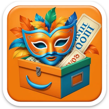 a box and a carnival mask in orange, blue and green with tickets as a bundle sticker