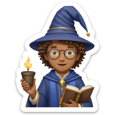 A Joyful Child Male with Brown skin and Curly hair, wearing a Traditional outfit, a Wizard hat, Sunglasses, carrying a Spellbook, working as a farmer, while drinking Coffee and reading a Textbook. sticker