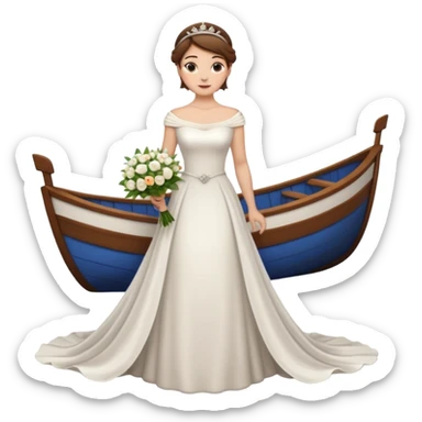 Chica blanca,cuerpo entero, vestido boda cuello barco y cola, pelo castaño,   1 ramo de flores , pelo recogido con tiara sticker