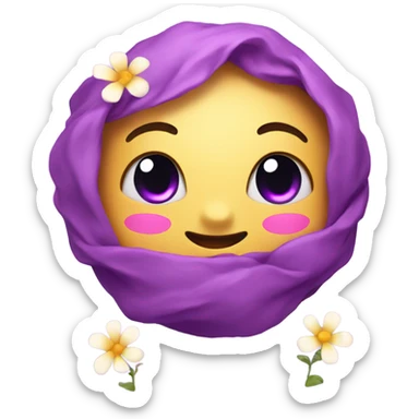 Cutie emoji face with Purple Hearts and flowers super happy sticker