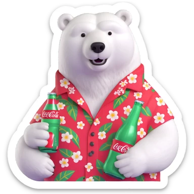 polar bear in a Hawaiian shirt decorated with Coke bottles, holding and drinking a Coca-Cola sticker