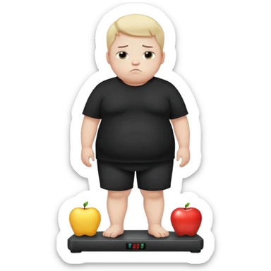 sad fat young boy in black t shirt on weight scale  sticker