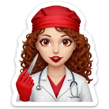 Scary woman scalpel in hand, evil surgeon sexy surgeon clothes.  She has red eyes. Her  brown long curly hair. Wears sexy doctor outfit with red gloves. Only uses red bandanna  to hide her face mouth with red bandana to hide her identity sticker