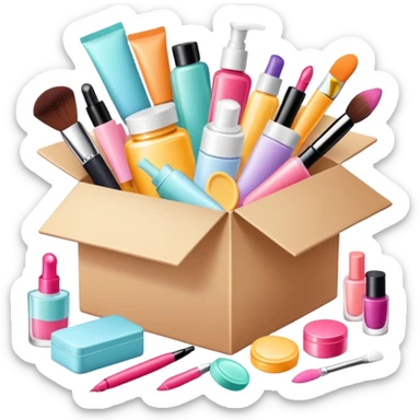 a beauty subscription box with various cosmetics and skincare items spilling out sticker