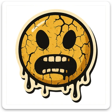scary emoji with cracks, drips and chips, retro stickers style, sharp black outlines, clear shadows and highlights, no gradients sticker