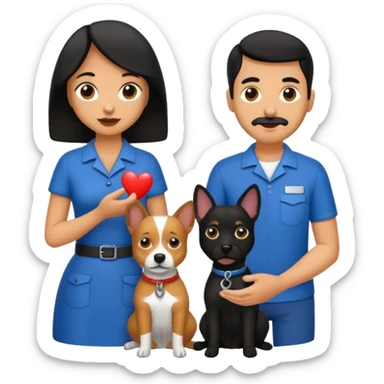 Pareja hombre y mujer, pelo negro ambos, y con dos perritos pincher en sus brazos sticker