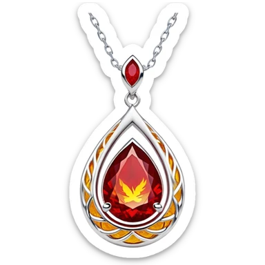 phoenix teardrop ruby pendant, deep red core with yellow ember edges, floating silver chain, pulsing rebirth glow sticker