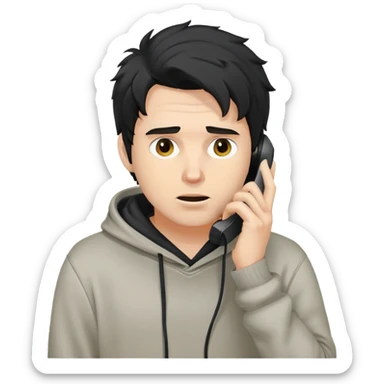 a white man with black messy, hoodie taking a call sticker