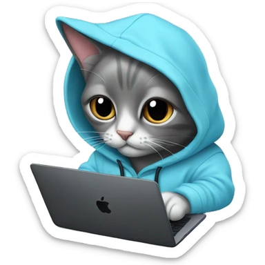 Cat wearing baby blue hoodie and a black MacBook sticker