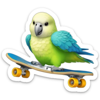 Budgerigar blue and white parrot rides a skateboard sticker