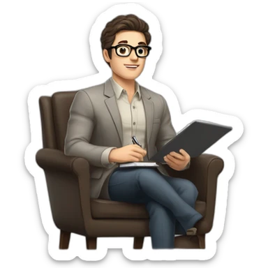 Pale skinned Fit Man With dark brown hair in gray jacket, beige office shirt and vintage glasses sitting In a soft chair with a notebook with emblem Ψ and a pen in his hands sticker