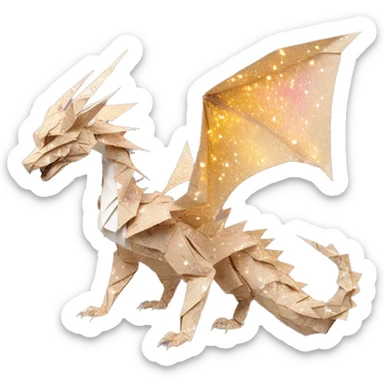 Sparkling patterned Beige Origami dragon with made of newspapers intricate patterns surrounded by fairy lights nebula galaxy stars swirls iridescent on fire covered in dried flowers sticker