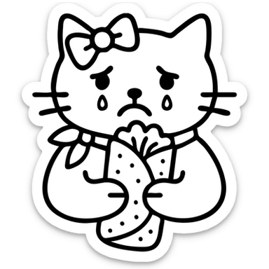 Colorized dürüm with all other details unchanged. White cat, sad, teary-eyed, wearing a light pink ribbon on its head, icon style, no background. sticker