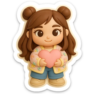 3D chibi fondant cake art style, high-quality rendering with smooth shadows and soft gradients. Girl based on reference image with preserved facial features and eye shape, long brown hair in two space buns, brown eyes, jeans, pastel floral cardigan, shoes, thick white outline like a sticker, transparent background. Holding a big soft pink heart in her hands, looking sweet and kind. Ensure the face, hairstyle, eye shape, and shoes match the reference exactly. sticker