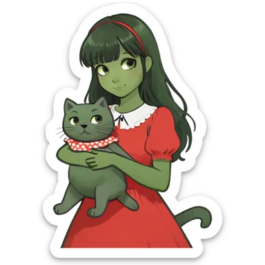 girl,black eyes,red cheeks,long black hair with bangs,holds a British grey cat and a brown teddy bear sticker