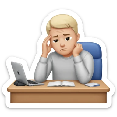 A man wearing a shirt with slumped posture, sitting at a desk, iOS emoji style sticker
