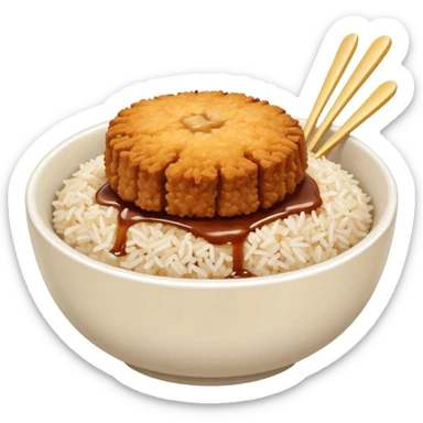 bowl filled with rice, a bit of brown sauce over the rice and a breaded pork cutlet over it sticker
