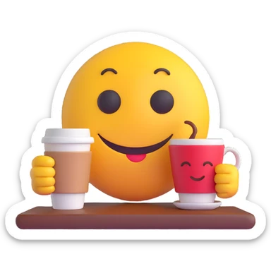 3D smiley emoji, round shape, student studying with coffee, brown color, tired face sticker