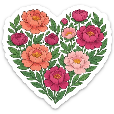 heart with a spring peony garden, clean digital illustration, no background sticker