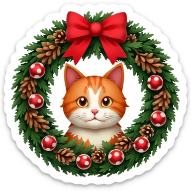 A Christmas wreath made entirely of fir trees, decorated with a red bow at the bottom, pine cones and Christmas tree balls, and a cat poking its face through the hole in the center. sticker