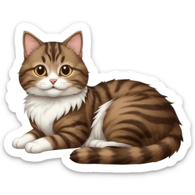 dark brown tabby and white cat with doing a big extremely long stretch reaching up into the air with arms and legs side by side together straight and overextended whilst lying on its side sticker
