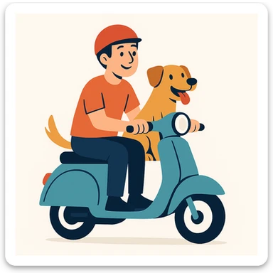 vector art of a man and his pet dog riding a vespa, for website design sticker