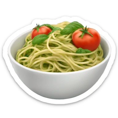 A big bowl with spaghetti with green pesto with mozarella and tomatos sticker