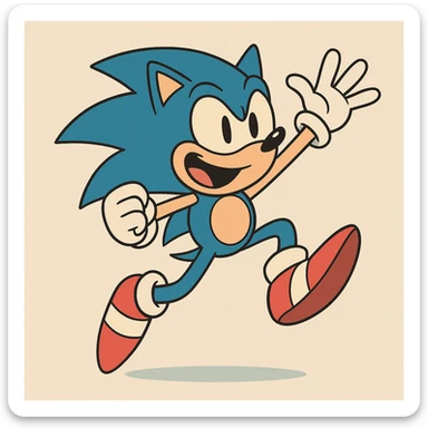 Sonic the Hedgehog, energetic pose, blue spikes, red shoes, cartoon style, vibrant colors sticker