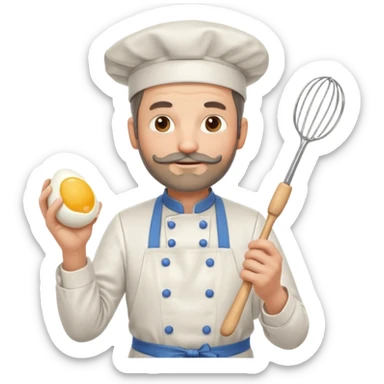 Middle aged male pastry chef - with a small beard, apron, white hat, holding an egg beater in his right hand, and his left hand naturally hanging down to his side sticker