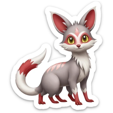 Minccino-Lykoi-Emolga-Pachirisu-Zangoose-fusion-hybrid-animal-Fakémon-creature, full body, thin long sleek scaly tail, intricate markings sticker