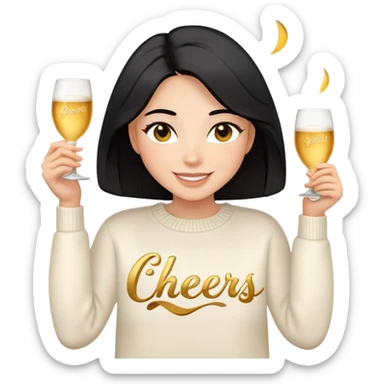 A woman with shoulder-length black hair, light to medium skin tone, full cheeks, and almond-shaped eyes, wearing a white sweater with the word 'cheers' in gold script, lying comfortably on a bed with soft lighting, joyful and radiant expression, emoji style, no drinks. sticker