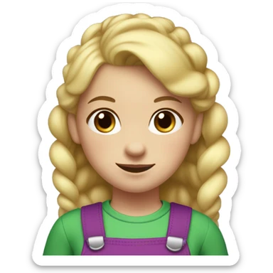 A little blonde girl with pigtails and little purple bows wearing a red long-sleeved shirt and purple overalls with blue tights with green polka dots and purple sneakers. sticker