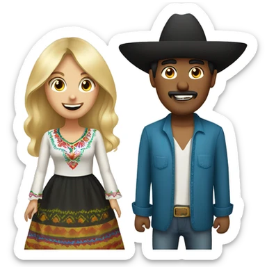 Mexican man with long hair, black eyes and sombrero having fun with russian woman with blonde hair, bangs, blue eyes sticker