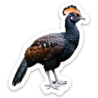 A full-body image of a large, dark-colored bird resembling a curassow or guam, standing on a white background. The bird's body is predominantly a rich reddish-brown or chestnut color, with a pattern of fine white speckling or barring sticker