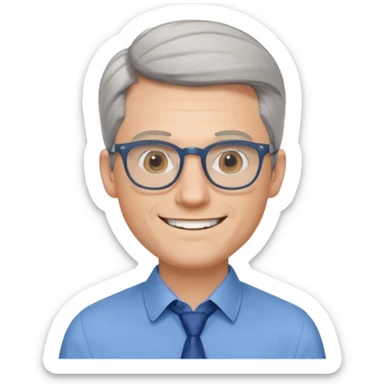 30 yr old pale white man, grey side swept hair, round glasses, big smile, white teeth, handsome, longer hair, thin glasses, blue dress shirt, no tie sticker
