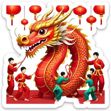 Cinematic Realistic scene of a traditional Chinese Dragon Dance featuring a team of performers skillfully manipulating a colossal, flexible dragon puppet, its intricately detailed, vibrant scales and flowing, embroidered fabric catching the light, set against a festive backdrop of red lanterns and dynamic red-tinged lighting that accentuates the majestic presence of the dragon puppet. sticker