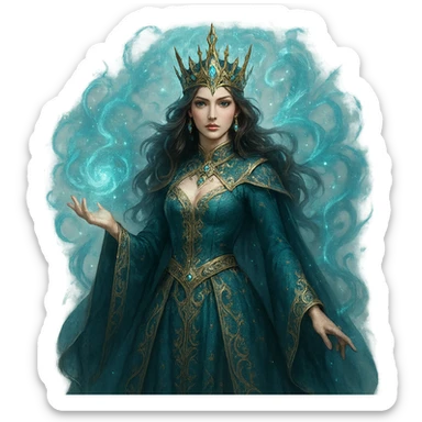 queen, fantasy style, magical aura, ornate dress, mystical crown sticker