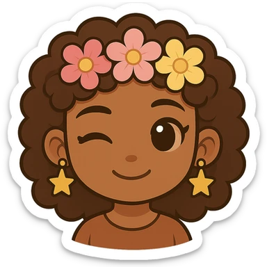 Add a flower crown and star-shaped earrings to the chibi style character, with no background. sticker